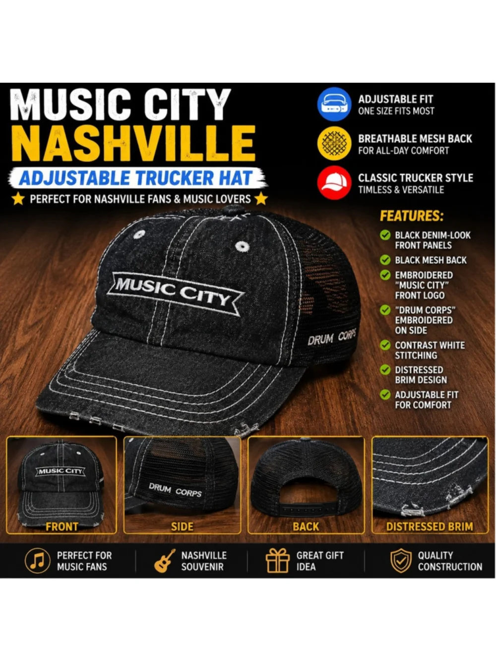 Music City Nashville Drum Corps Distressed Trucker Hat Cap Black Adjustable Mesh